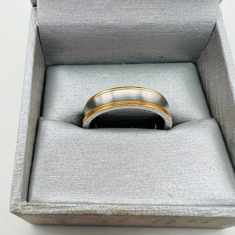 Mens Two Tone Ring Silver Gold Band Minimalist Size 12 Wedding